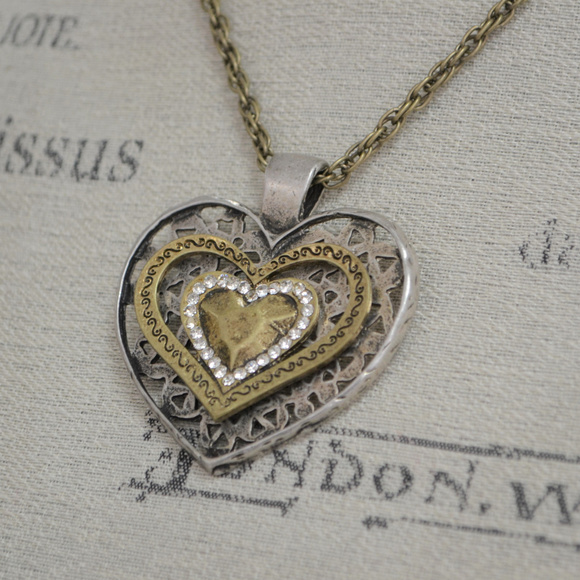 Anthro Heart Necklace Love Pendant Silver Gold New - Picture 3 of 6